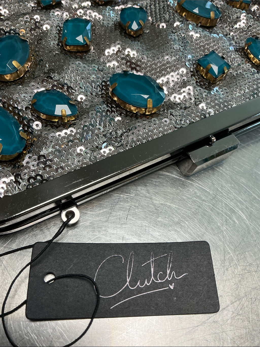 Clutch Silver Glitter, Beaded Front, Never Used! — image 3 of 8